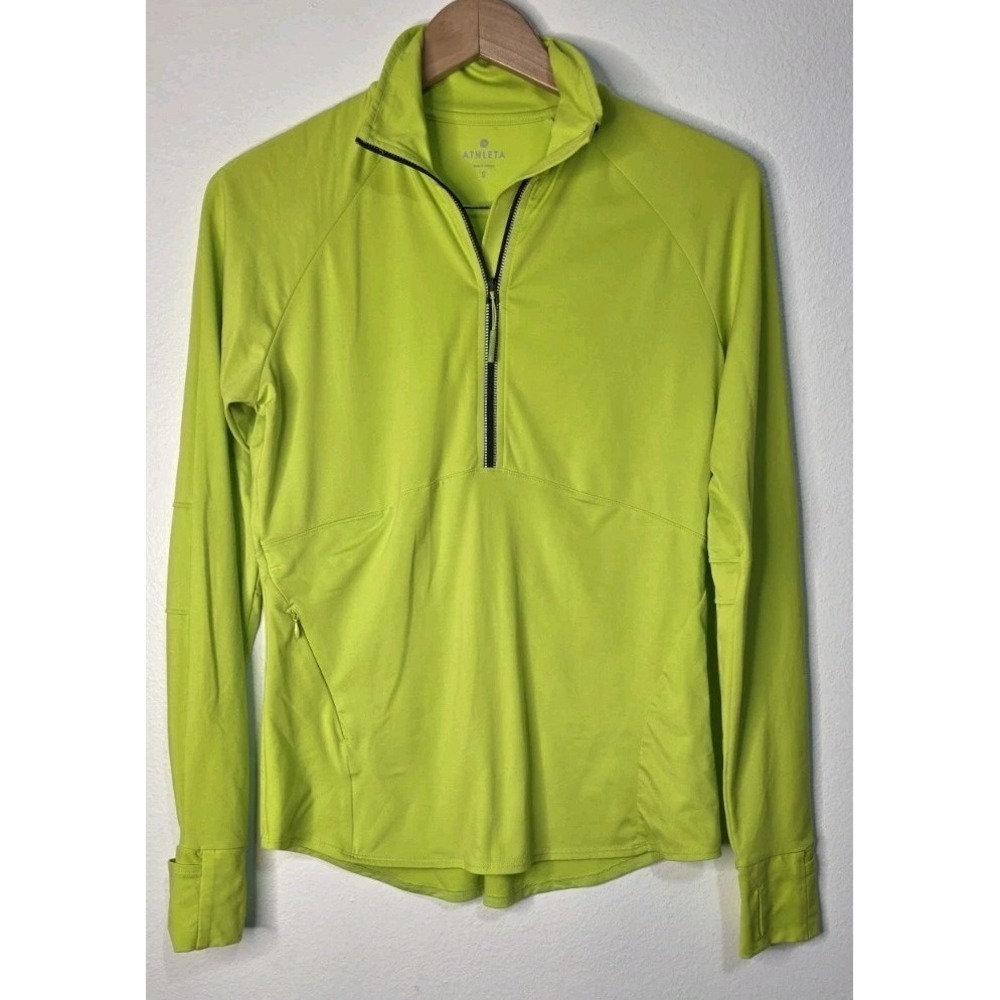 Athleta Whittier Peak Half Zip Neon Green Woman S Thumb Hole Run Training Active